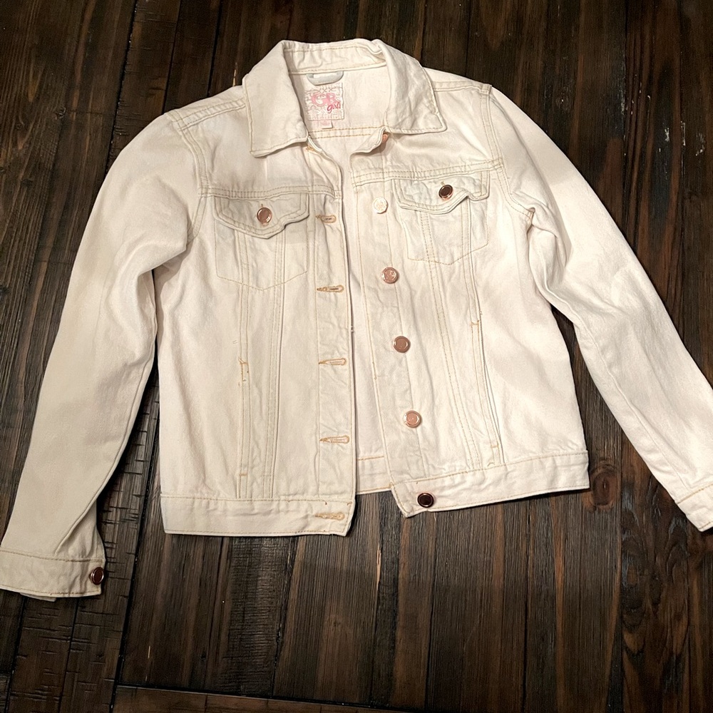 Size Small GB Girls cream jean jacket with rose gold buttons.